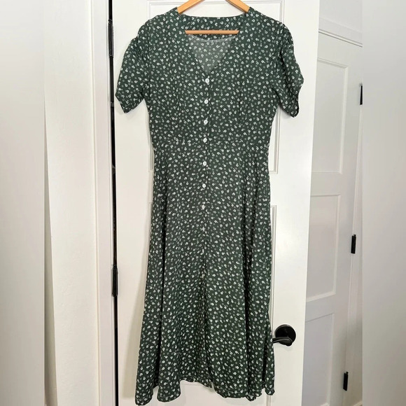 SHEIN Green Floral Short Sleeve Button A-line MIDI Dress size Small - Picture 2 of 3